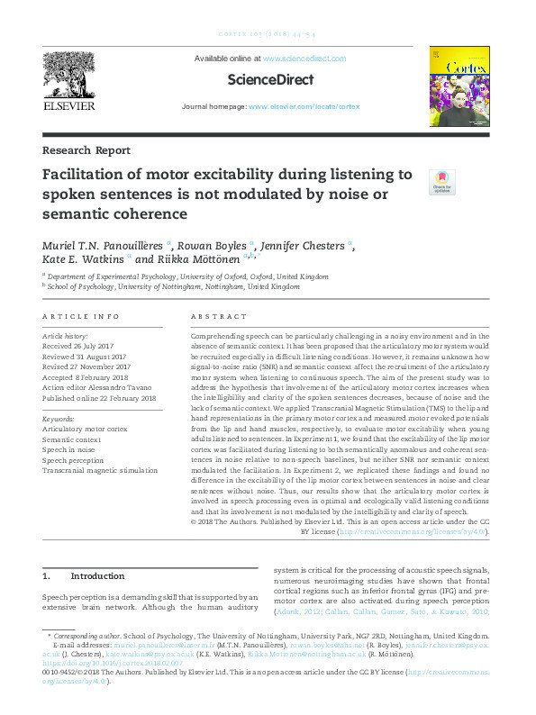 Facilitation of motor excitability during listening to spoken sentences is not modulated by noise or semantic coherence Thumbnail