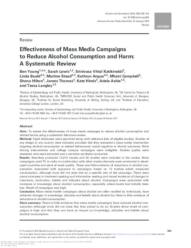 Effectiveness of mass media campaigns to reduce alcohol consumption and harm: a systematic review Thumbnail