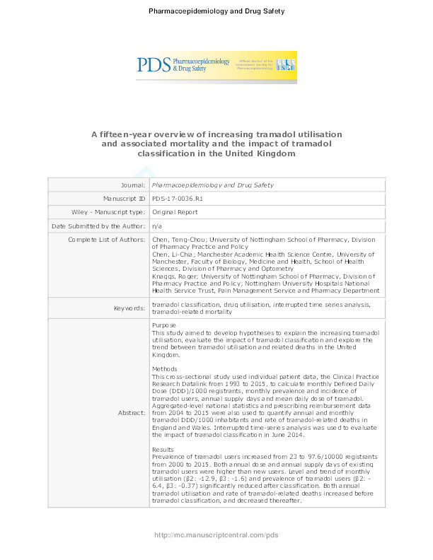 A 15-year overview of increasing tramadol utilisation and associated mortality and the impact of tramadol classification in the United Kingdom Thumbnail