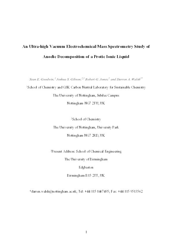 An ultra-high vacuum electrochemical/mass spectrometry study of anodic decomposition of a protic ionic liquid Thumbnail