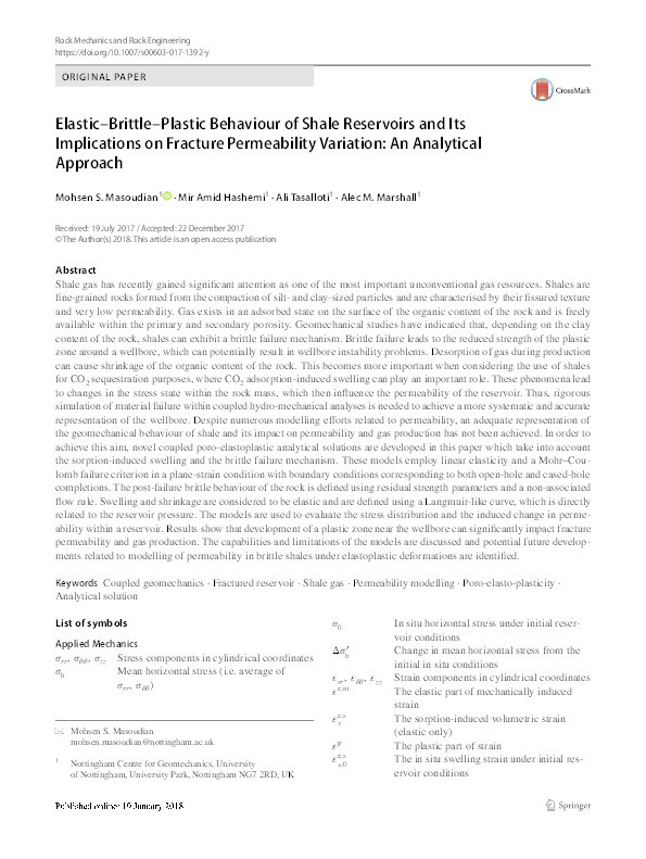 Elastic-brittle-plastic behaviour of shale reservoirs and its implications on fracture permeability variation: an analytical approach Thumbnail