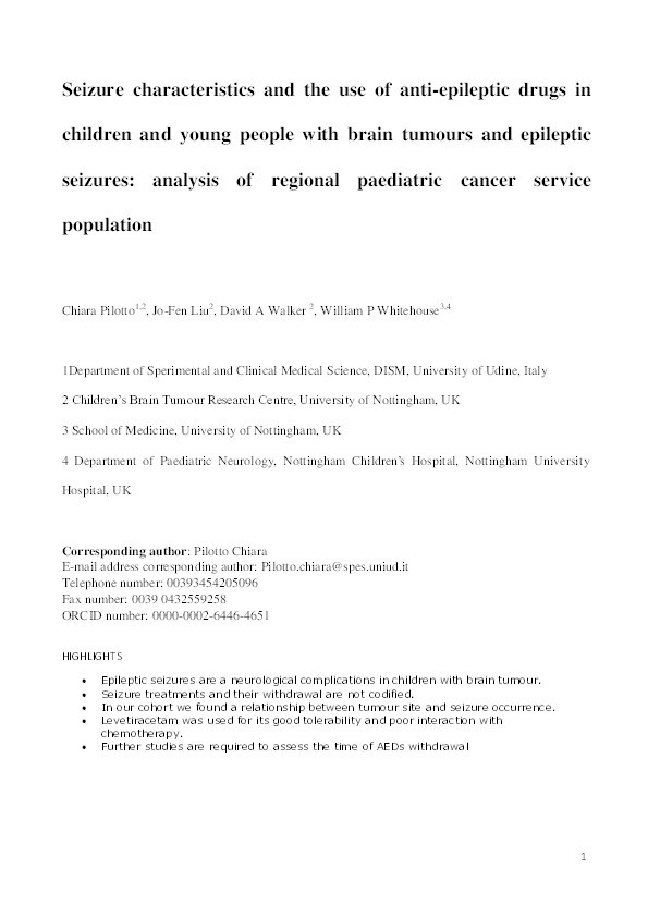 Seizure characteristics and the use of anti-epileptic drugs in children and young people with brain tumours and epileptic seizures: Analysis of regional paediatric cancer service population. Thumbnail