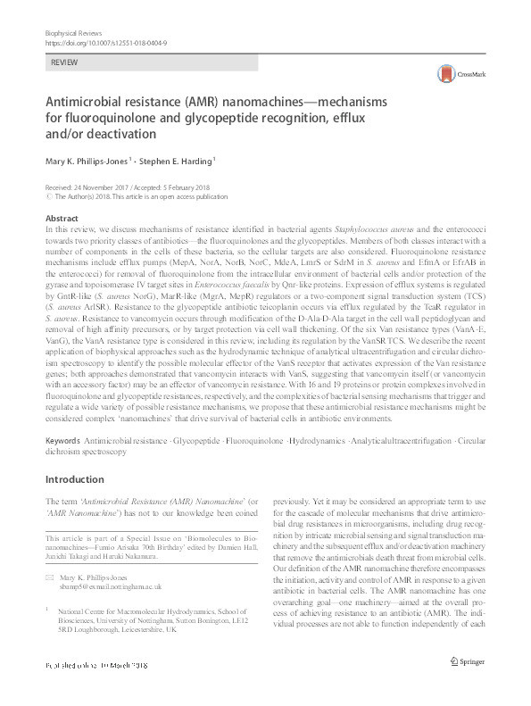 Antimicrobial resistance (AMR) nanomachines—mechanisms for fluoroquinolone and glycopeptide recognition, efflux and/or deactivation Thumbnail