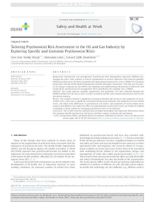 Tailoring Psychosocial Risk Assessment in the Oil and Gas Industry byExploring Specific and Common Psychosocial Risks Thumbnail