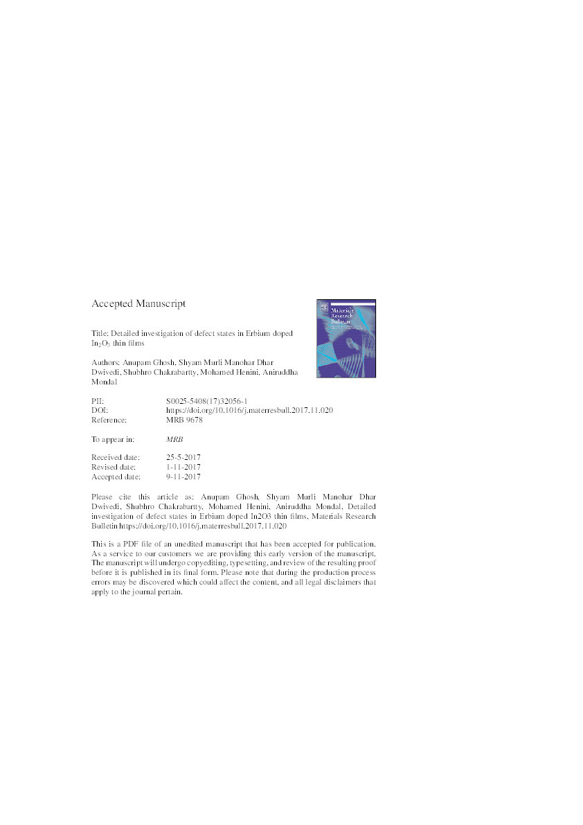 Detailed investigation of defect states in Erbium doped In2O3 thin films Thumbnail