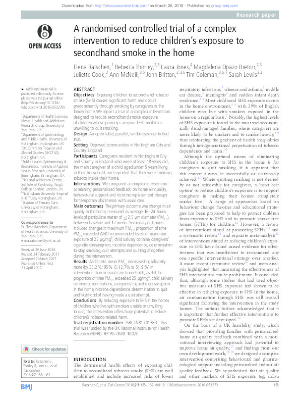 A randomised controlled trial of a complex intervention to reduce children’s exposure to secondhand smoke in the home Thumbnail