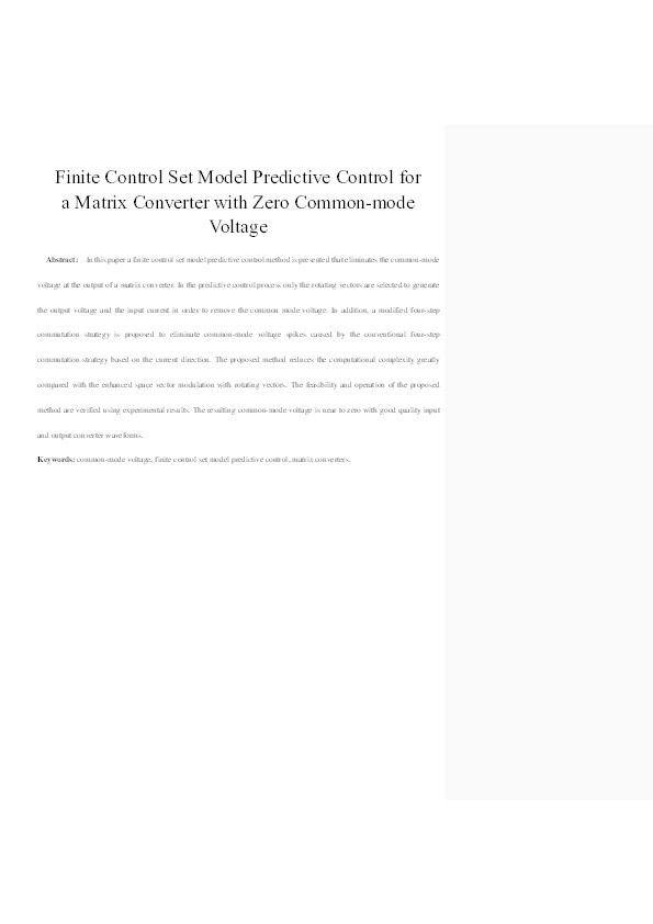 A finite control set model predictive control method for matrix converter with zero common-mode voltage Thumbnail