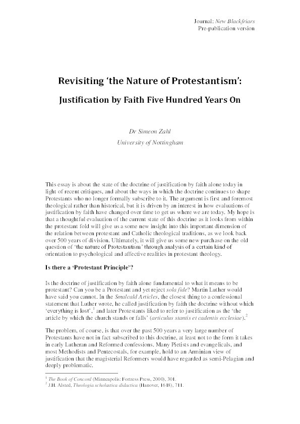 Revisiting ‘the nature of Protestantism’: justification by faith five hundred years on Thumbnail