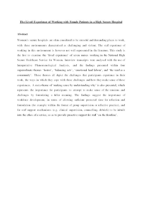 The lived experience of working with female patients in a high secure hospital Thumbnail