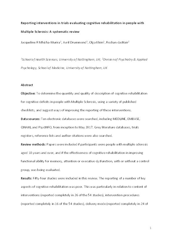 Reporting interventions in trials evaluating cognitive rehabilitation in people with Multiple Sclerosis: a systematic review Thumbnail