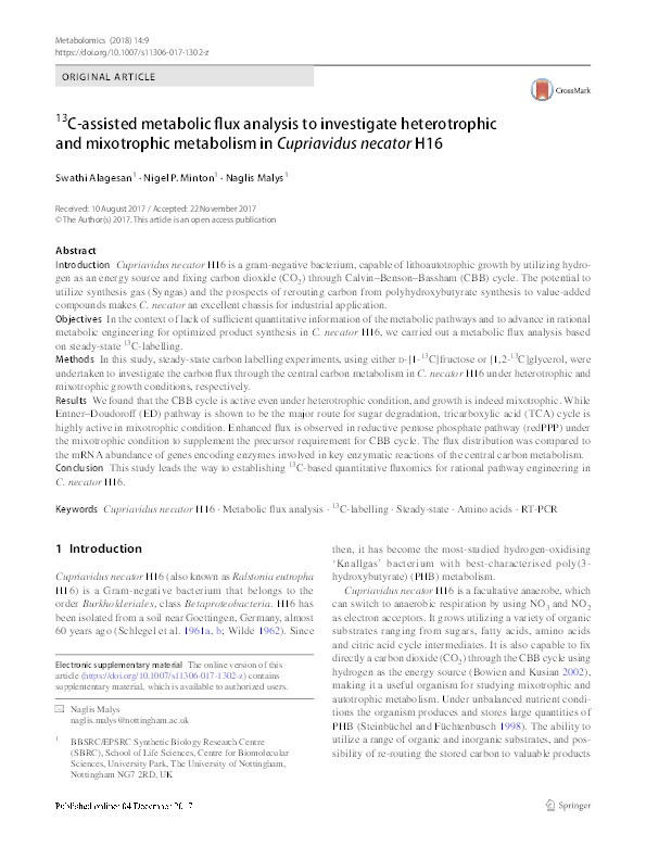 13C-assisted metabolic flux analysis to investigate heterotrophic and mixotrophic metabolism in Cupriavidus necator H16 Thumbnail