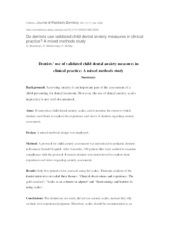 Dentists' use of validated child dental anxiety measures in clinical practice: a mixed methods study Thumbnail