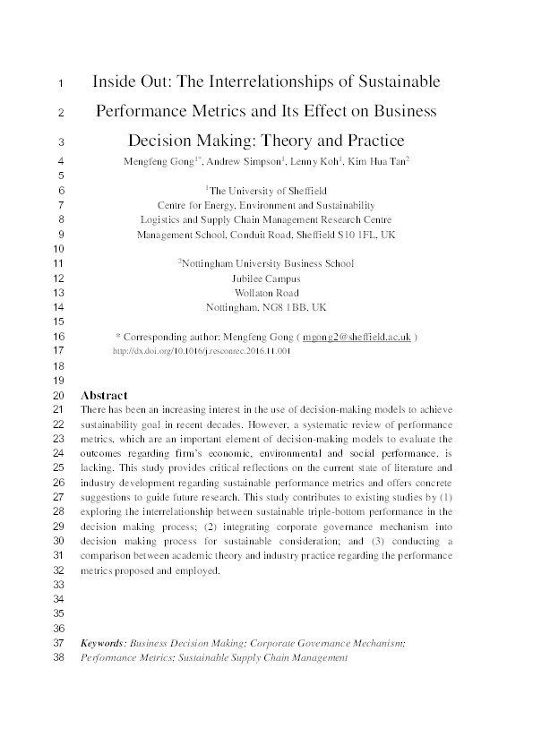 Inside out: The interrelationships of sustainable performance metrics and its effect on business decision making: Theory and practice Thumbnail
