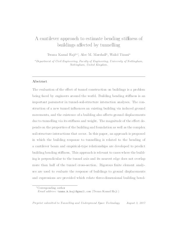 A cantilever approach to estimate bending stiffness of buildings affected by tunnelling Thumbnail