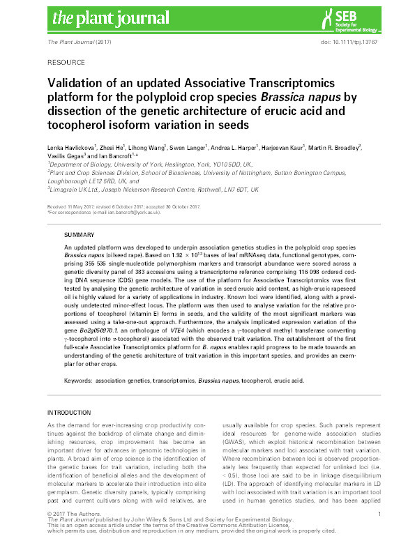 Validation of an updated Associative Transcriptomics platform for the polyploid crop species Brassica napus by dissection of the genetic architecture of erucic acid and tocopherol isoform variation in seeds Thumbnail