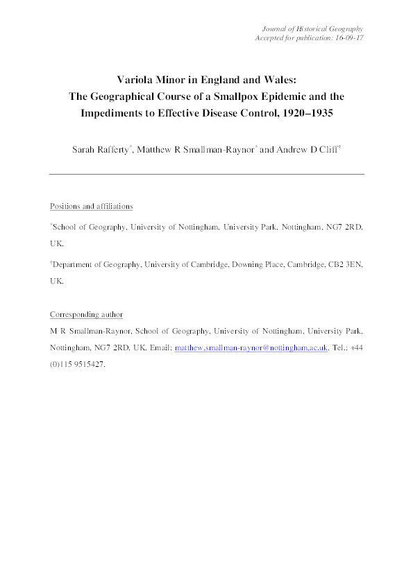 Variola minor in England and Wales: the geographical course of a smallpox epidemic and the impediments to effective disease control, 1920–1935 Thumbnail