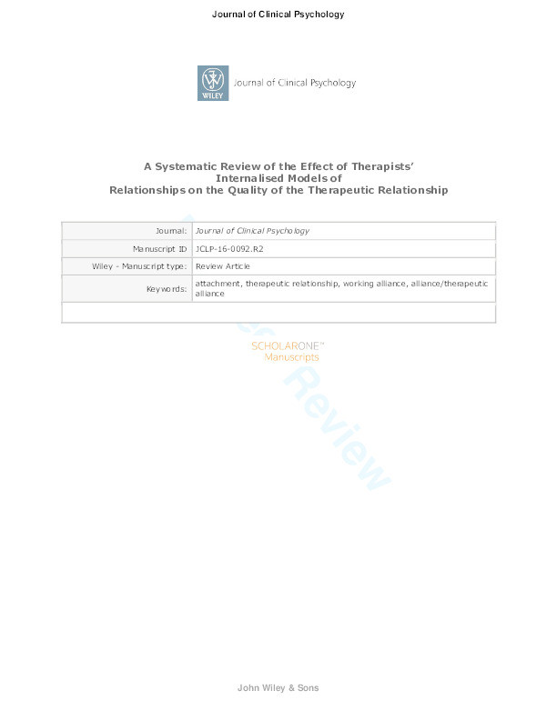 A systematic review of the effect of therapists’ internalised models of relationships on the quality of the therapeutic relationship Thumbnail