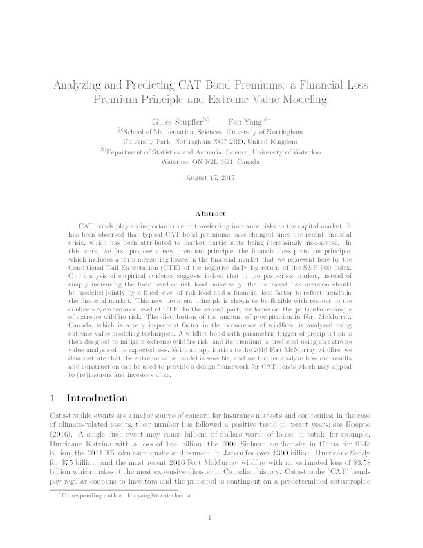Analyzing and predicting cat bond premiums: a financial loss premium principle and extreme value modeling Thumbnail