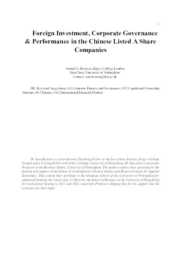 Foreign investment, corporate governance and performance in the Chinese listed A Share companies Thumbnail