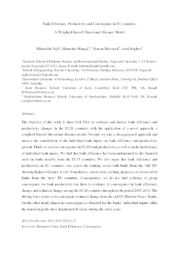 Bank efficiency, productivity, and convergence in EU countries: a weighted Russell directional distance model Thumbnail