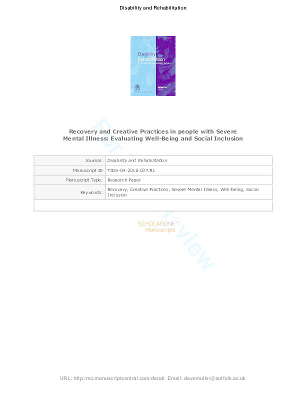 Recovery and creative practices in people with severe mental illness: evaluating well-being and social inclusion Thumbnail