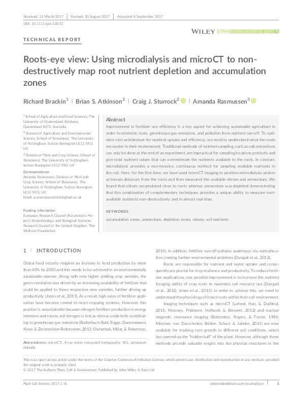 Roots-eye view: using microdialysis and microCT to non-destructively map root nutrient depletion and accumulation zones Thumbnail