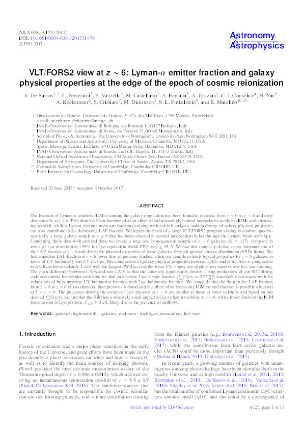 VLT/FORS2 view at z ~ 6: Lyman-α emitter fraction and galaxy physical properties at the edge of the epoch of cosmic reionization Thumbnail