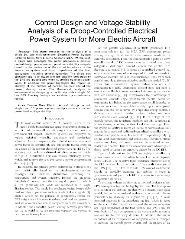 Control Design and Voltage Stability Analysis of a Droop-Controlled Electrical Power System for More Electric Aircraft Thumbnail