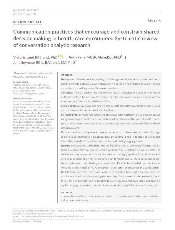Communication practices that encourage and constrain shared decision making in health-care encounters: systematic review of conversation analytic research Thumbnail