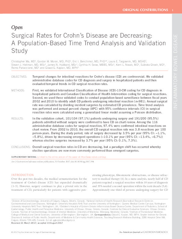 Surgical rates for Crohn’s Disease are decreasing: a population-based time trend analysis and validation study Thumbnail