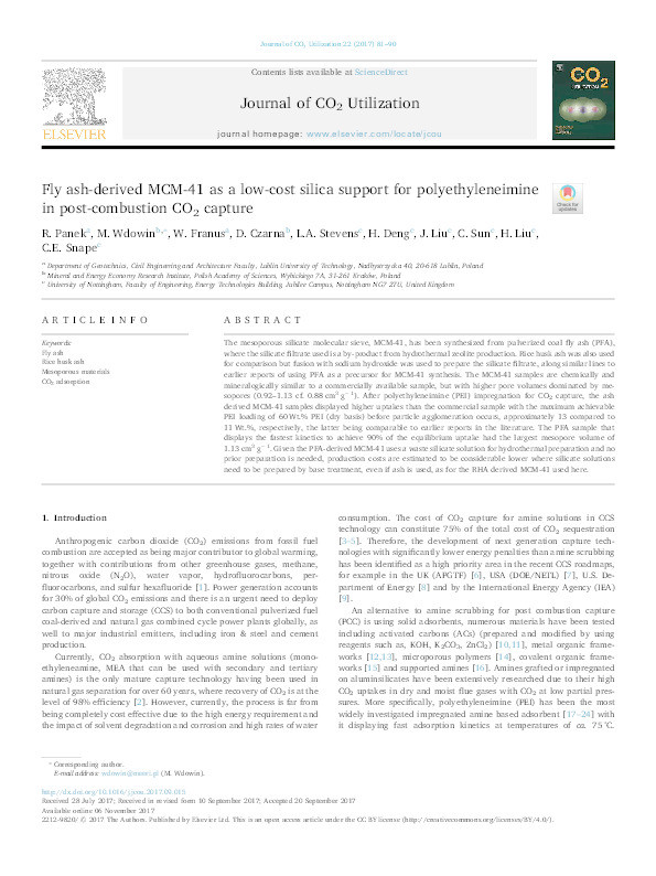 Fly ash-derived MCM-41 as a low-cost silica support for polyethyleneimine in post-combustion CO2 capture Thumbnail