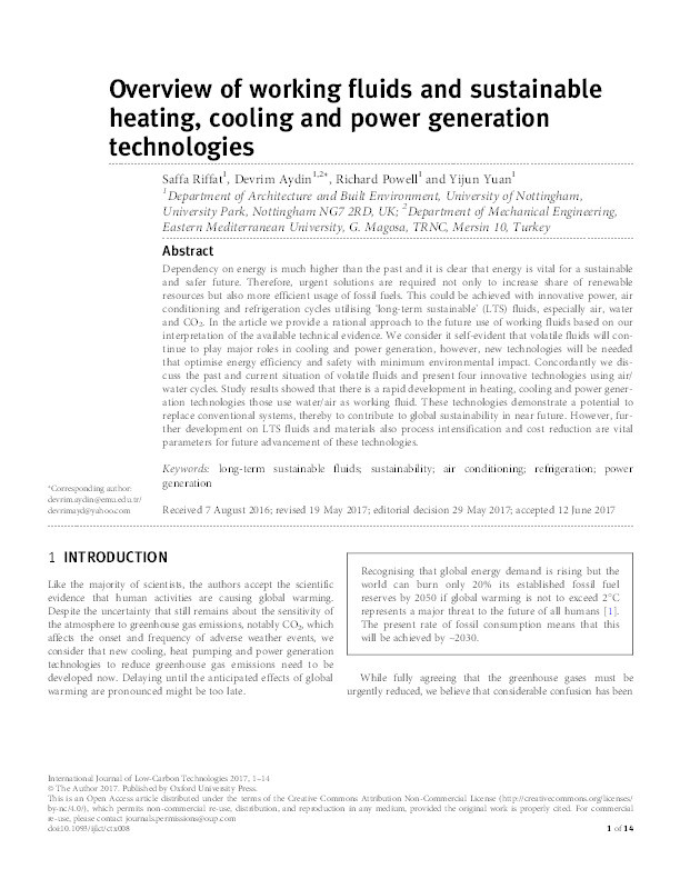 Overview of working fluids and sustainable heating, cooling and power generation technologies Thumbnail