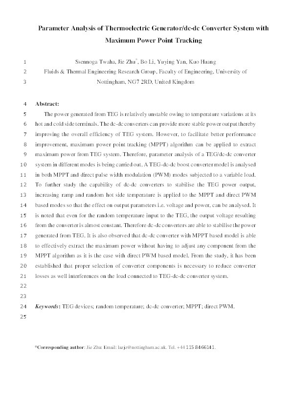 Parameter analysis of thermoelectric generator/dc-dc converter system with maximum power point tracking Thumbnail