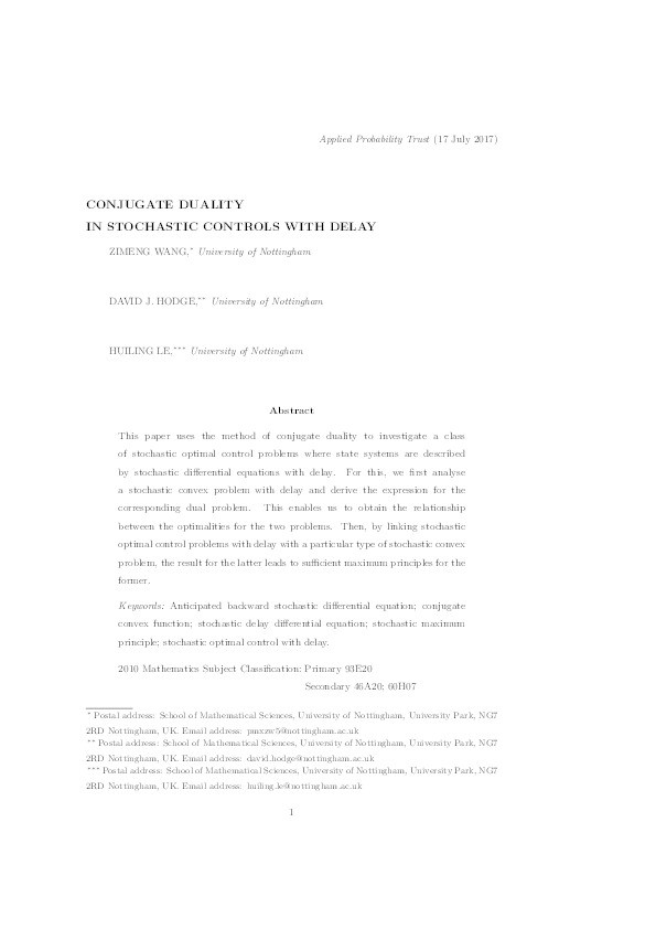 Conjugate duality in stochastic controls with delay Thumbnail