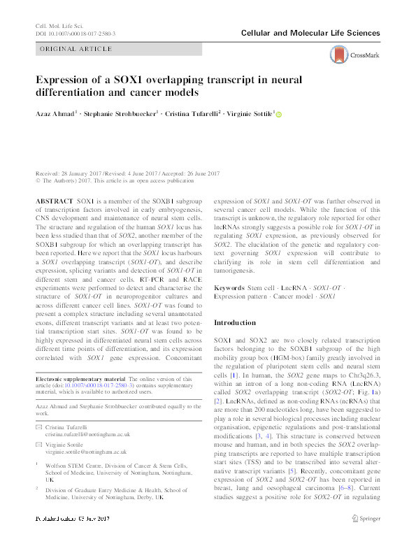 Expression of a SOX1 overlapping transcript in neural differentiation and cancer models Thumbnail