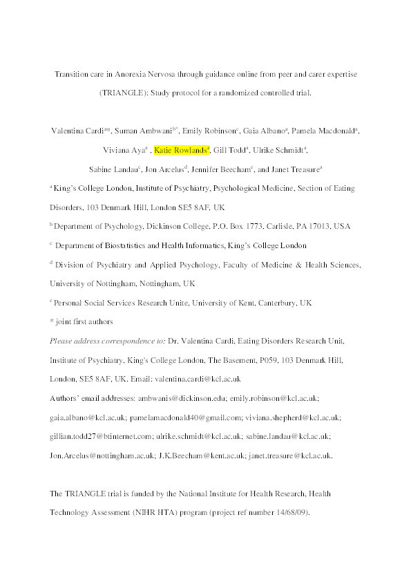 Transition Care in Anorexia Nervosa Through Guidance Online from Peer and Carer Expertise (TRIANGLE): study protocol for a randomised controlled trial Thumbnail