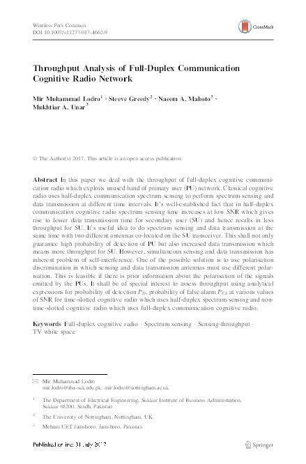 Throughput analysis of full-duplex communication cognitive radio network Thumbnail