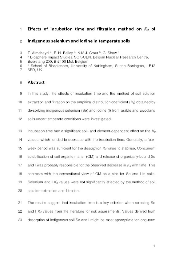 Effects of incubation time and filtration method on Kd of indigenous selenium and iodine in temperate soils Thumbnail