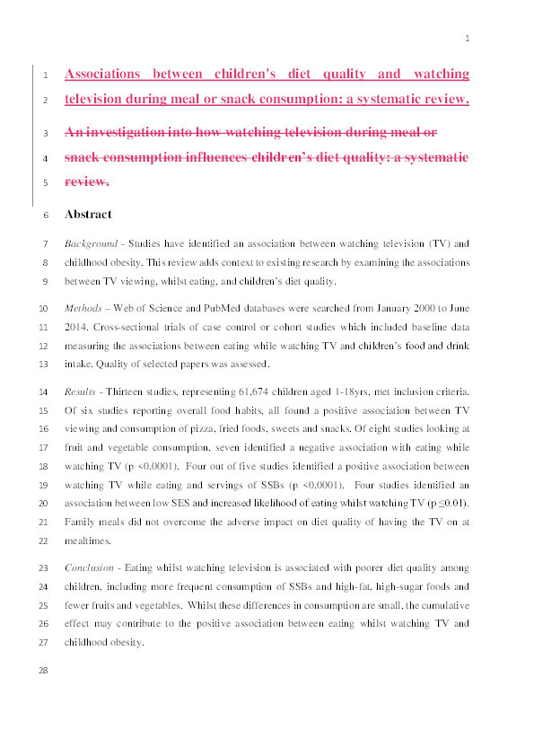 Associations between children's diet quality and watching television during meal or snack consumption: a systematic review Thumbnail