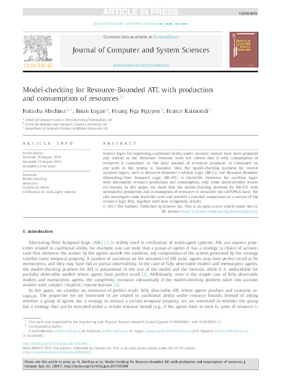 Model-checking for Resource-Bounded ATL with production and consumption of resources Thumbnail