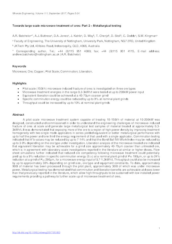 Towards large scale microwave treatment of ores: Part 2 - Metallurgical testing Thumbnail