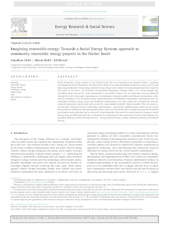 Imagining renewable energy: towards a Social Energy Systems approach to community renewable energy projects in the Global South Thumbnail
