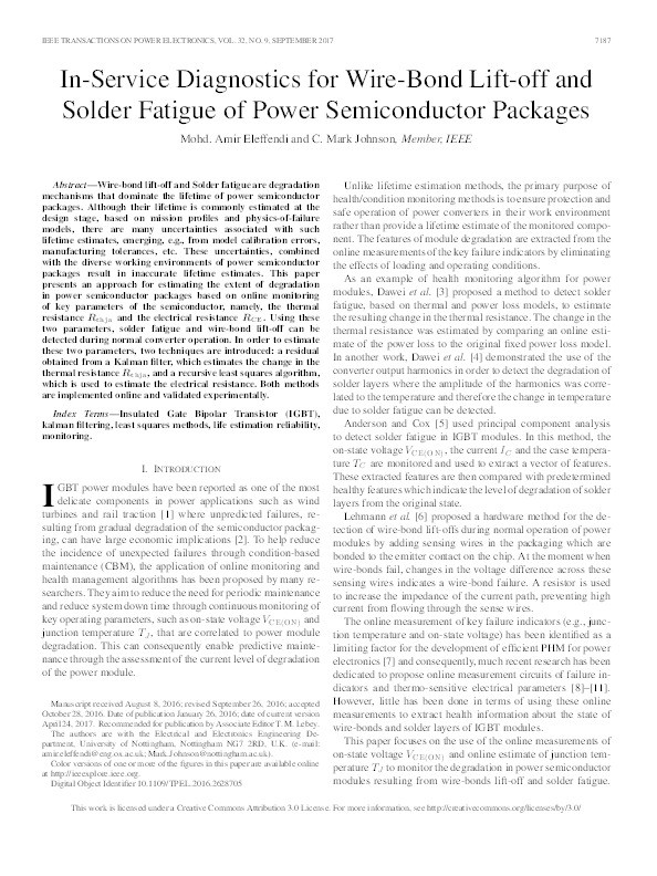 In-Service Diagnostics for Wire-Bond Lift-off and Solder Fatigue of Power Semiconductor Packages Thumbnail