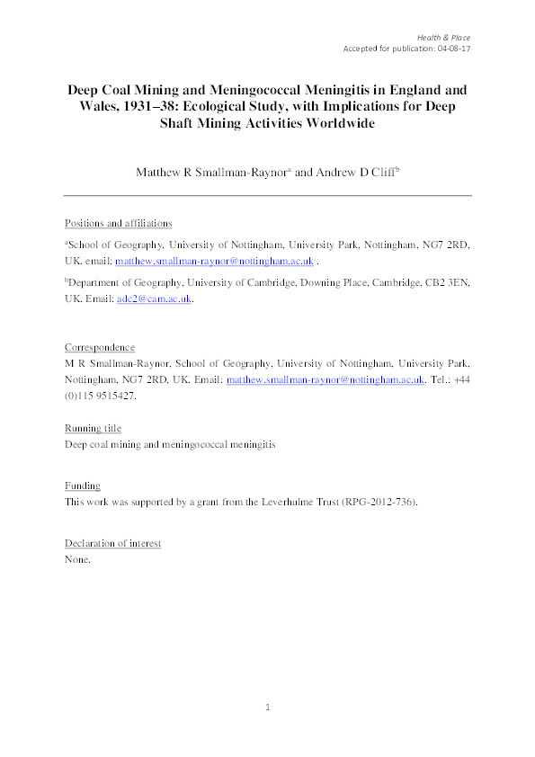 Deep coal mining and meningococcal meningitis in England and Wales, 1931–38: ecological study, with implications for deep shaft mining activities worldwide Thumbnail