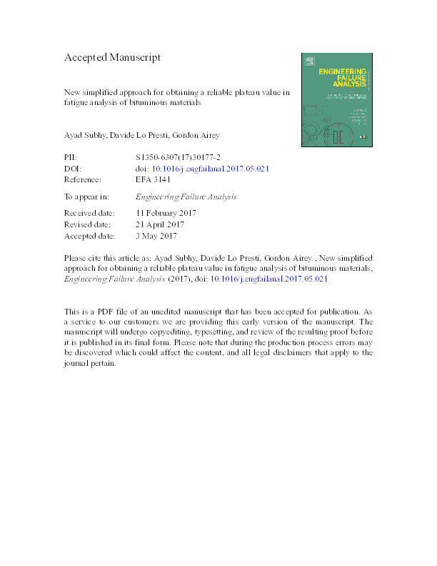 New simplified approach for obtaining a reliable plateau value in fatigue analysis of bituminous materials Thumbnail