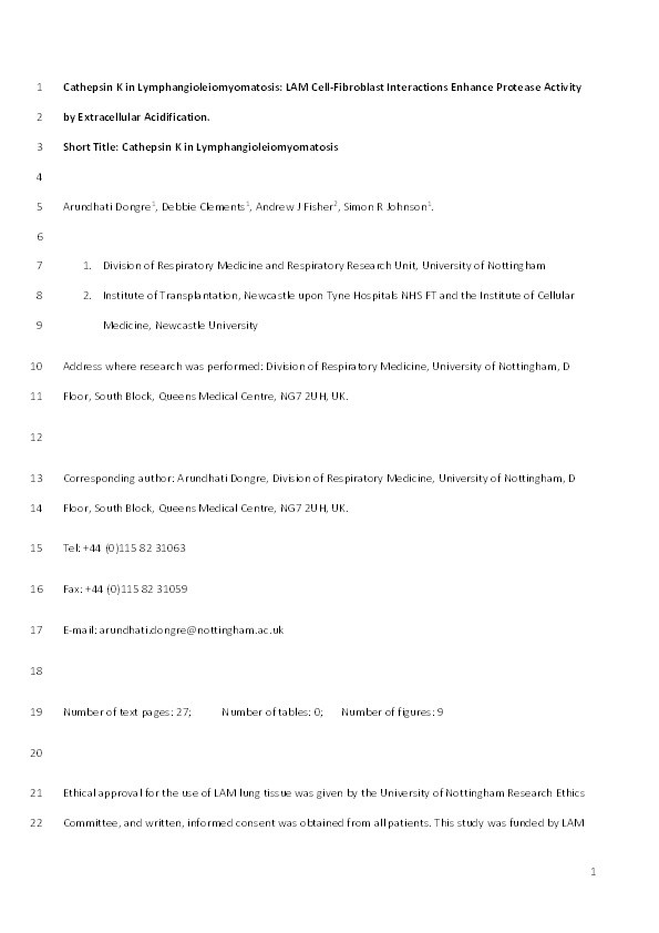 Cathepsin K in lymphangioleiomyomatosis: LAM cell-fibroblast Interactions enhance protease activity by extracellular acidification Thumbnail