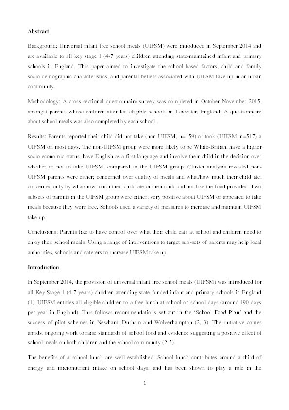 Factors associated with universal infant free school meal take up and refusal in a multicultural urban community Thumbnail