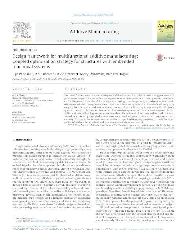 Design framework for multifunctional additive manufacturing: coupled optimization strategy for structures with embedded functional systems Thumbnail