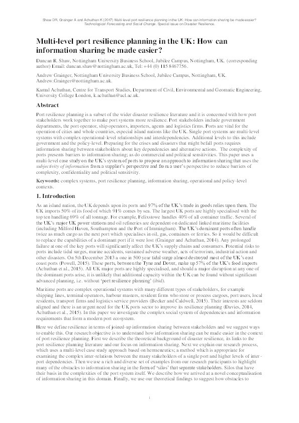 Multi-level port resilience planning in the UK: how can information sharing be made easier? Thumbnail