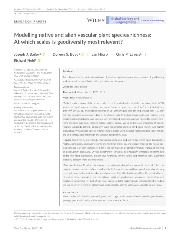 Modelling native and alien vascular plant species richness: at which scales is geodiversity most relevant? Thumbnail